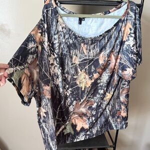 Women's Camo Print off the shoulder top in Brown and Black